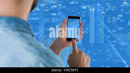 Digital composite of Man touching phone against Night city with connectors Stock Photo