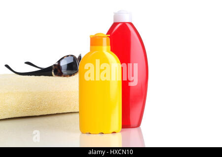 Towel, sunglasses and solar cream, Handtuch, Sonnenbrille und Sonnencreme Stock Photo