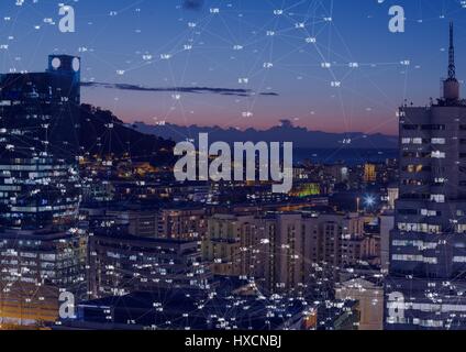 Digital composite of Night city with connectors Stock Photo