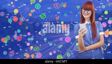 Digital composite of Businesswoman with phone Night city with connectors Stock Photo