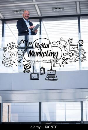 Digital composite of Business man on balcony with black business doodles Stock Photo