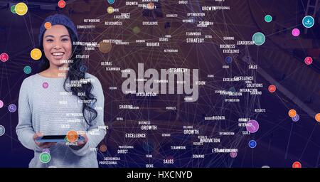 Digital composite of Woman with tablet against Night city with connectors Stock Photo