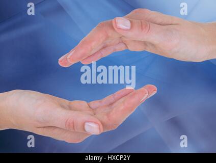 Digital composite of Hands reaching together against abstract background Stock Photo