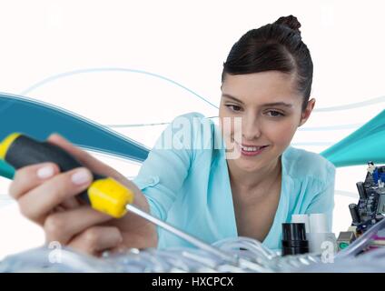 Digital composite of Woman with electronics and screwdriver against white background with blue waves Stock Photo