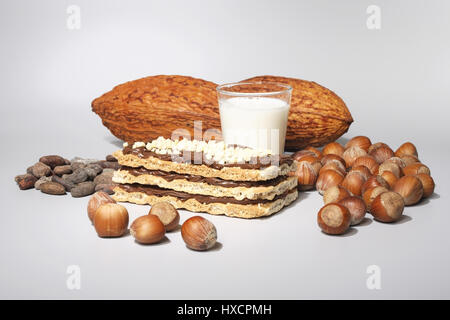 Nut nougat cuts with milk, cocoa fruit and hazelnuts, Nussnougatschnitte mit Milch, Kakaofrucht und Haselnuessen Stock Photo