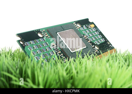 To platinum with processor base on art lawn, Board with processor socket on synthetic Grass |, Platine mit Prozessorsockel auf Kunstrasen |Board with  Stock Photo