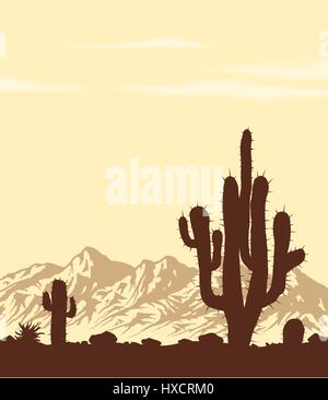 Sunset in desert with cactuses Stock Vector