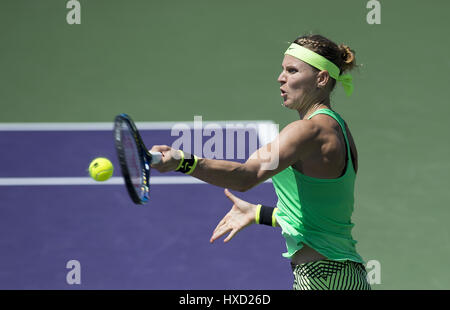 Miami, Florida, USA. 27th Mar, 2017. Lucie Safarova (CZE) in action here defeats Dominika Cibulkova (SVK) 76(5) 61 at the 2017 Miami Open in Key Biscayne, FL. Credit: Andrew Patron/ZUMA Wire/Alamy Live News Stock Photo