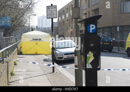 London, UK. 28th Mar, 2017. Police investigates a serious incident in Surrey Lane, Battersea, just one street away from Thomas's Battersea School where Prince George will attend in September 2017. London, UK. 28/03/2017 | usage worldwide Credit: dpa/Alamy Live News Stock Photo