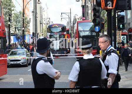 Oxford Street, London, UK. 28th March 2017. Buses fill Oxford Street after a collision between a pedestrian and a bus. Credit: Matthew Chattle/Alamy Live News Stock Photo