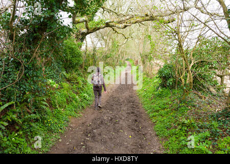 Woman walking along muddy track, UK Stock Photo