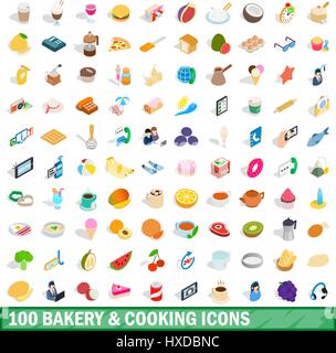 100 bakery cooking icons set, isometric 3d style Stock Vector