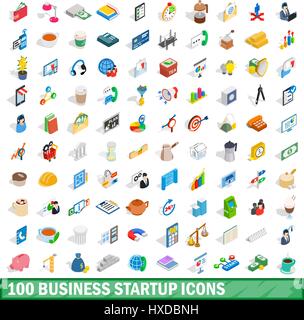 100 business startup icons set, isometric 3d style Stock Vector