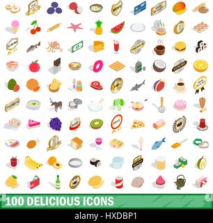 100 delicious icons set, isometric 3d style Stock Vector