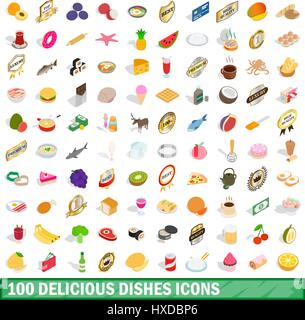 100 delicious dishes icons set, isometric 3d style Stock Vector