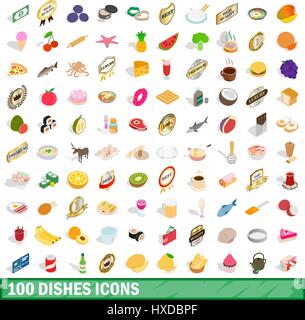 100 dishes icons set, isometric 3d style Stock Vector