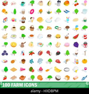 100 farm icons set, isometric 3d style Stock Vector