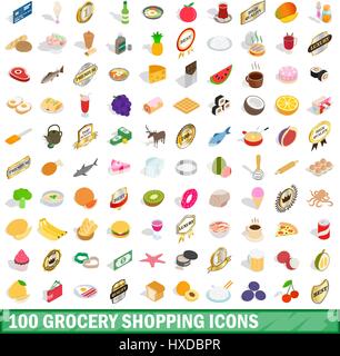100 grocery shopping icons set, isometric 3d style Stock Vector