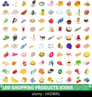 100 shopping products icons set, isometric style Stock Vector