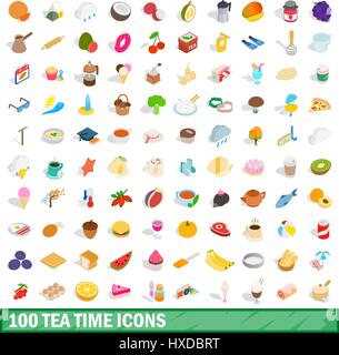 100 tea time icons set, isometric 3d style Stock Vector