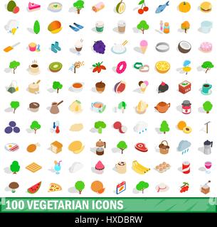 100 vegetarian icons set, isometric 3d style Stock Vector