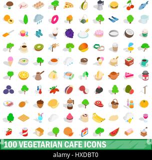 100 vegetarian cafe icons set, isometric 3d style Stock Vector