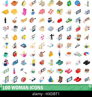 100 woman icons set, isometric 3d style Stock Vector