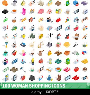 100 woman shopping icons set, isometric 3d style Stock Vector