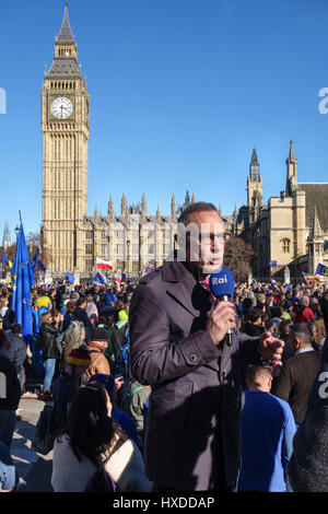 25th March 2017 - 100,000 people march in London against Brexit on the EU 60th anniversary. A correspondent for the Italian TV network RAI Stock Photo