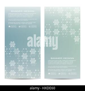 2 of modern vertical scientific banners. Molecular structure of DNA and neurons. Geometric abstract background. Medicine, science, technology, business and website templates. Vector illustration Stock Vector