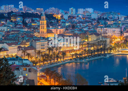 Split. Beautiful romantic old town of Split during twilight blue hour. Croatia,Europe. Stock Photo