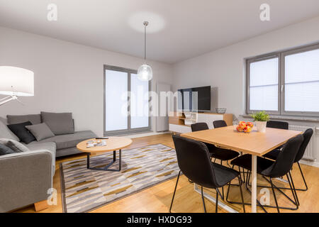 Luxury designed living room with big windows and modern furniture Stock Photo