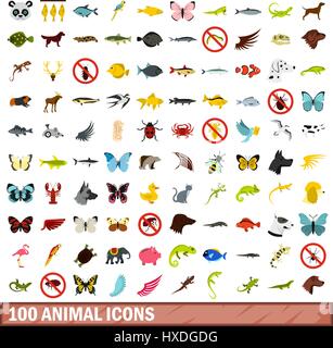 100 animal icons set, flat style Stock Vector