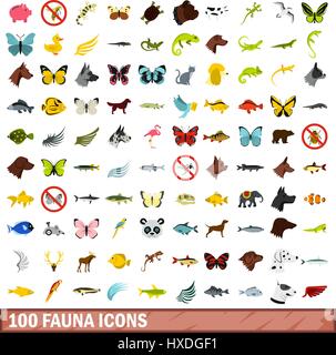100 fauna icons set, flat style Stock Vector