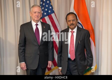 U.S. Secretary of Defense Jim Mattis stands with Indian National Security Advisor Ajit Doval at the Pentagon March 24, 2017 in Arlington, Virginia. Stock Photo