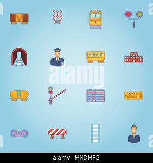Railroad icons set, cartoon style Stock Vector