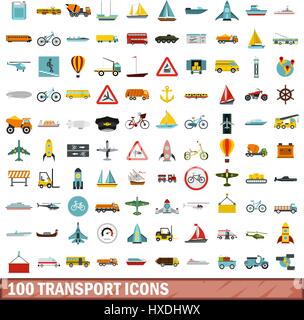 100 transport icons set, flat style Stock Vector
