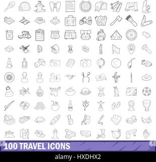 100 travel icons set, outline style Stock Vector