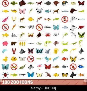 100 zoo icons set, flat style Stock Vector