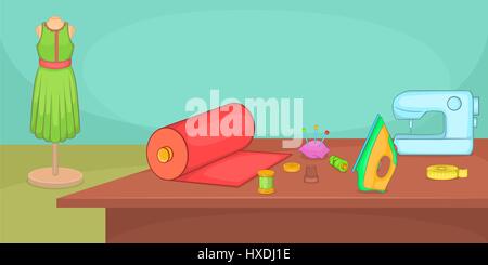 Tailor horizontal banner table, cartoon style Stock Vector