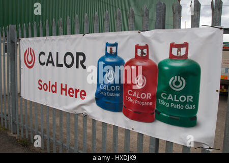 CALOR GAS: An advertising sign stating 'CALOR Sold Here' Stock Photo