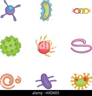 Bacteria icons set, cartoon style Stock Vector