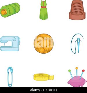 Tools for sewing dresses icons set, cartoon style Stock Vector