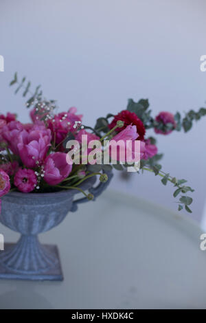 pink ranunculus flower pink tulips and decoratory eucalyptus arrangement in iron vase  over light background Stock Photo