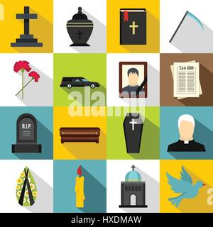 Funeral icons set, flat style Stock Vector