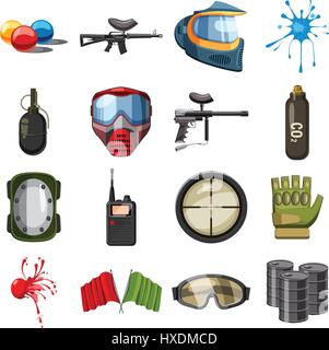 Paintball icons set, cartoon style Stock Vector