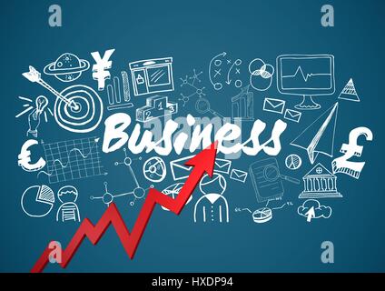 Digital composite of Red arrow with white business doodles against blue background Stock Photo