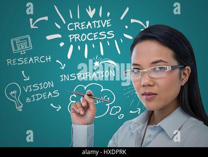 Digital composite of Woman with pen and white design doodles against teal background Stock Photo