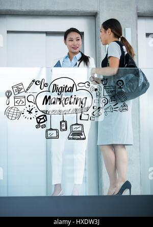 Digital composite of Business women on balcony with black business doodles Stock Photo