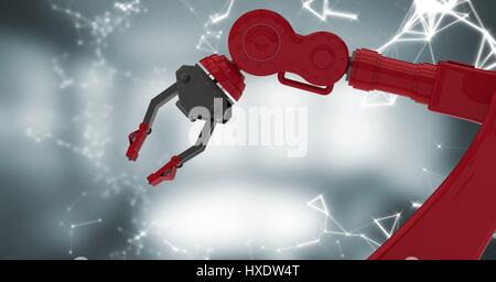 Digital composite of Red robot claw with white interface against blurry grey room Stock Photo